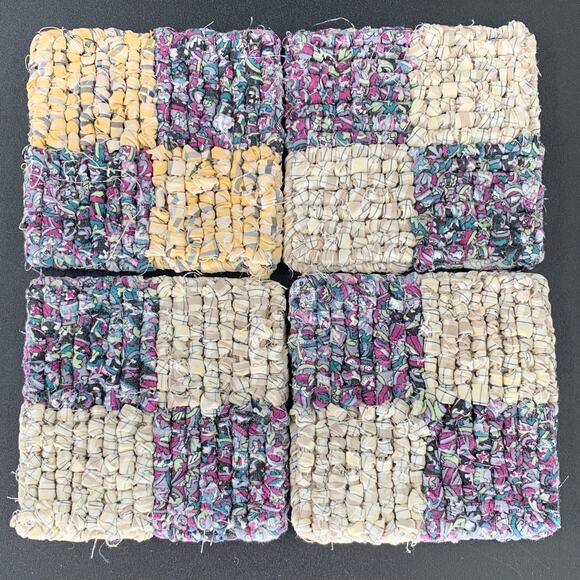 Drink Coaster Set Locker Hooking Handmade Yellow Purple Fabric Square Coasters - Picture 3 of 8